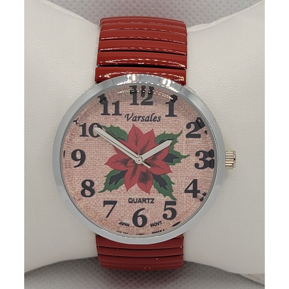 Womens Varsales Poinsette Red Green Silver Tone Case Red Expansion Band Watch 02